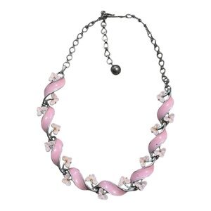 Vintage Pink Choker Necklace Thermoset Lucite Costume Jewelry Ribbon Floral